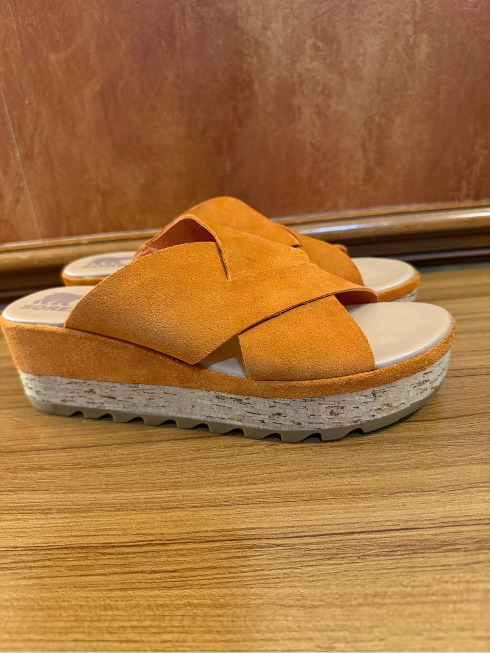 SOREL Cameron Flatform Mule Sandals Desert Sun Orange Suede Women's Size 10